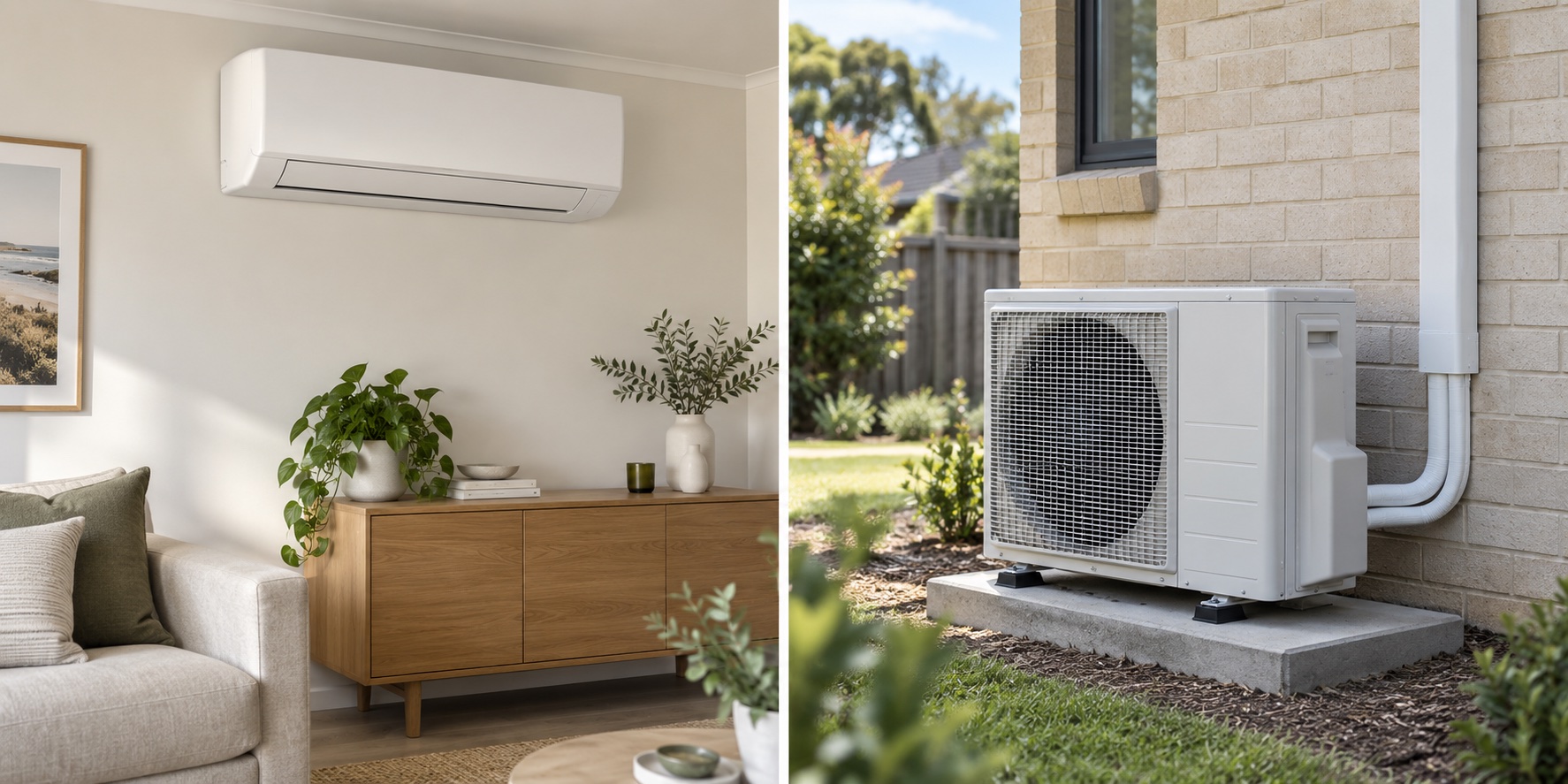 Illustrations of an indoor split-system air conditioner and outdoor condenser