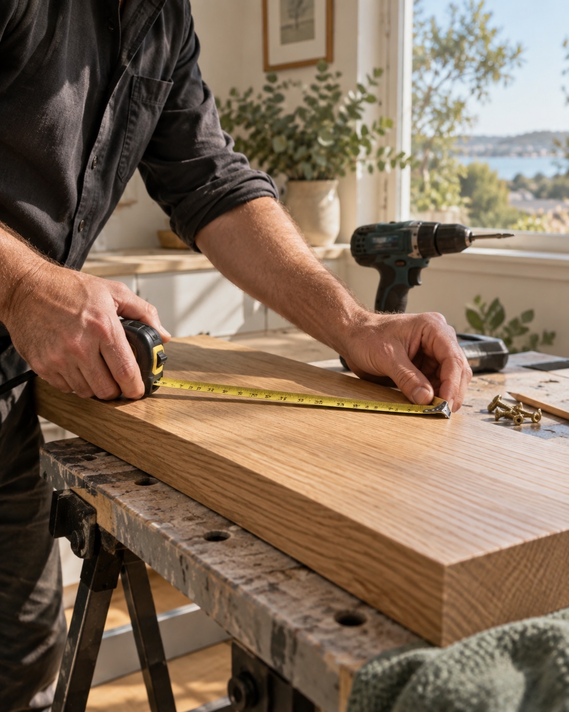 Illustration of hands measuring a timber shelf on a workbench