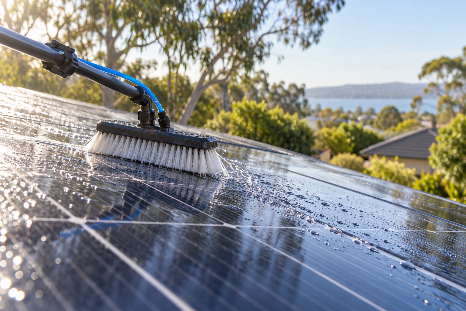 Illustration of solar panels being cleaned with a soft water-fed brush